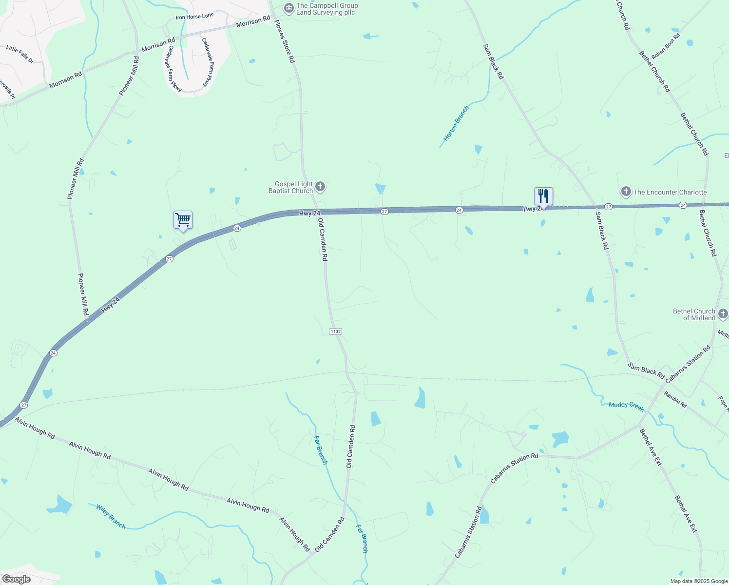 map of restaurants, bars, coffee shops, grocery stores, and more near 12701 Old Camden Road in Midland