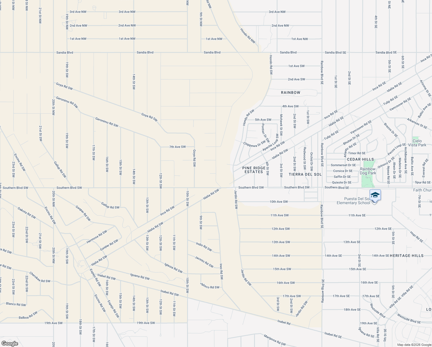 map of restaurants, bars, coffee shops, grocery stores, and more near 9th Avenue Southwest in Rio Rancho