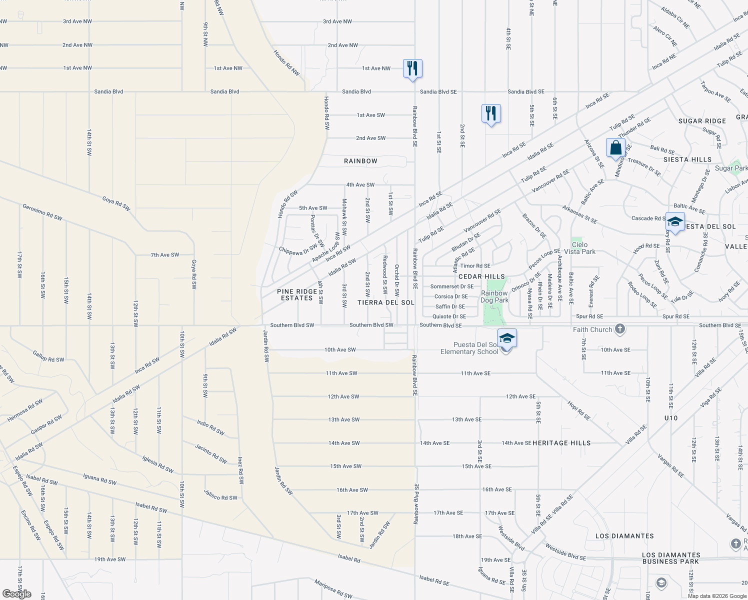map of restaurants, bars, coffee shops, grocery stores, and more near 146 Oakwood Court Southwest in Rio Rancho