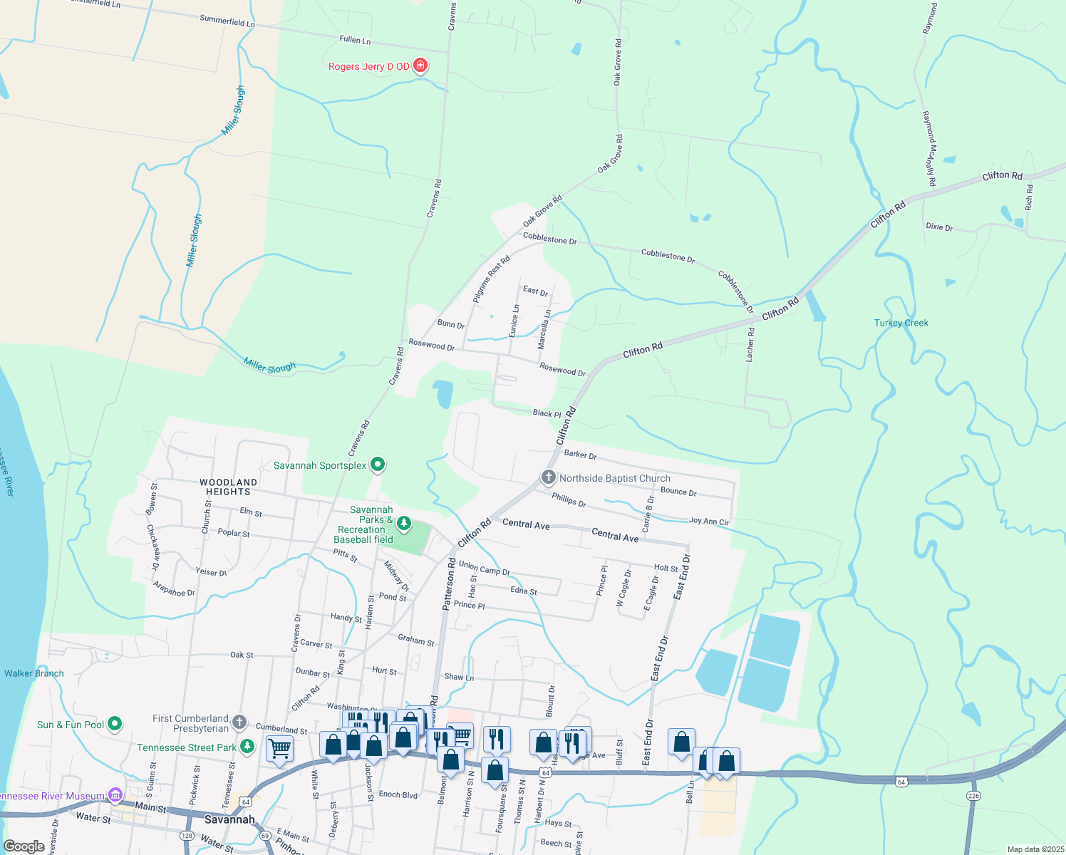 map of restaurants, bars, coffee shops, grocery stores, and more near 105 Black Place in Savannah