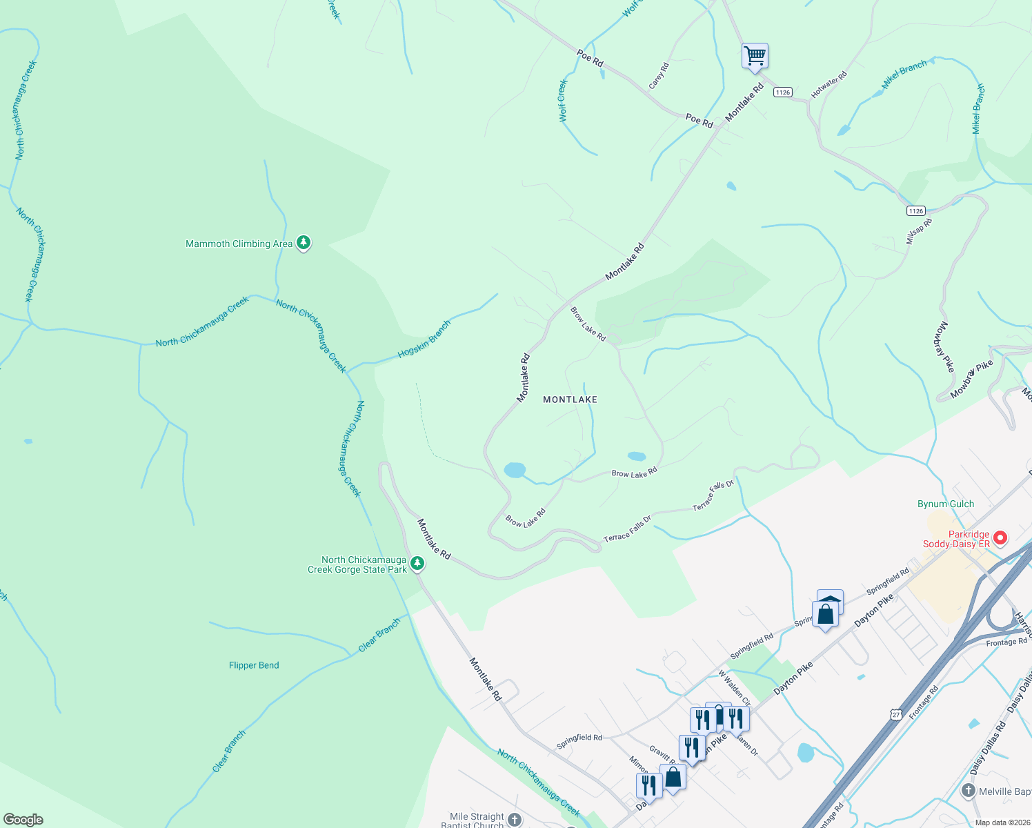 map of restaurants, bars, coffee shops, grocery stores, and more near 1037 Montlake Road in Soddy-Daisy