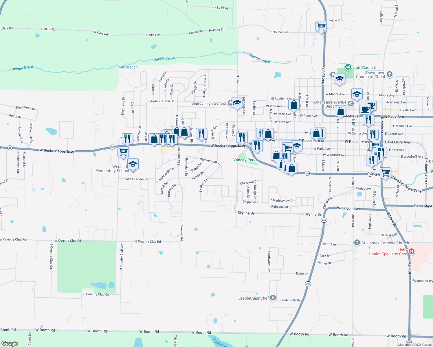 map of restaurants, bars, coffee shops, grocery stores, and more near 8 Foxboro Drive in Searcy