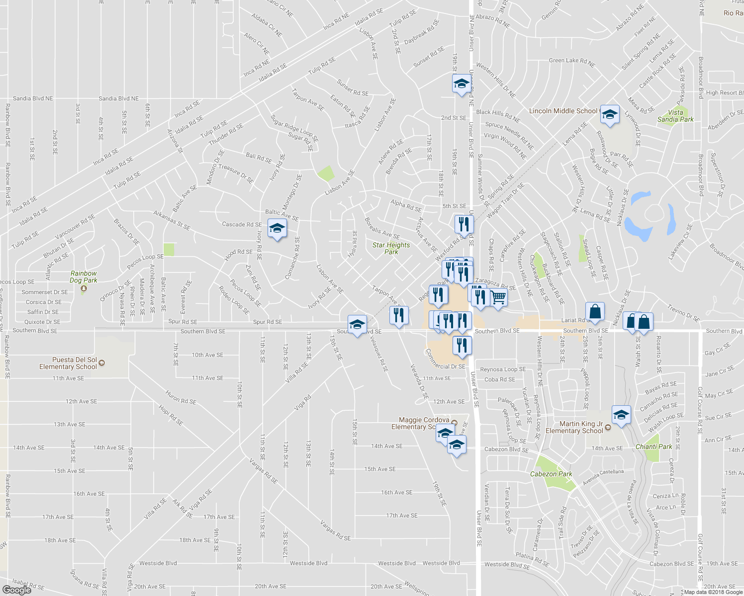 map of restaurants, bars, coffee shops, grocery stores, and more near 1480 Brierwood Court Southeast in Rio Rancho