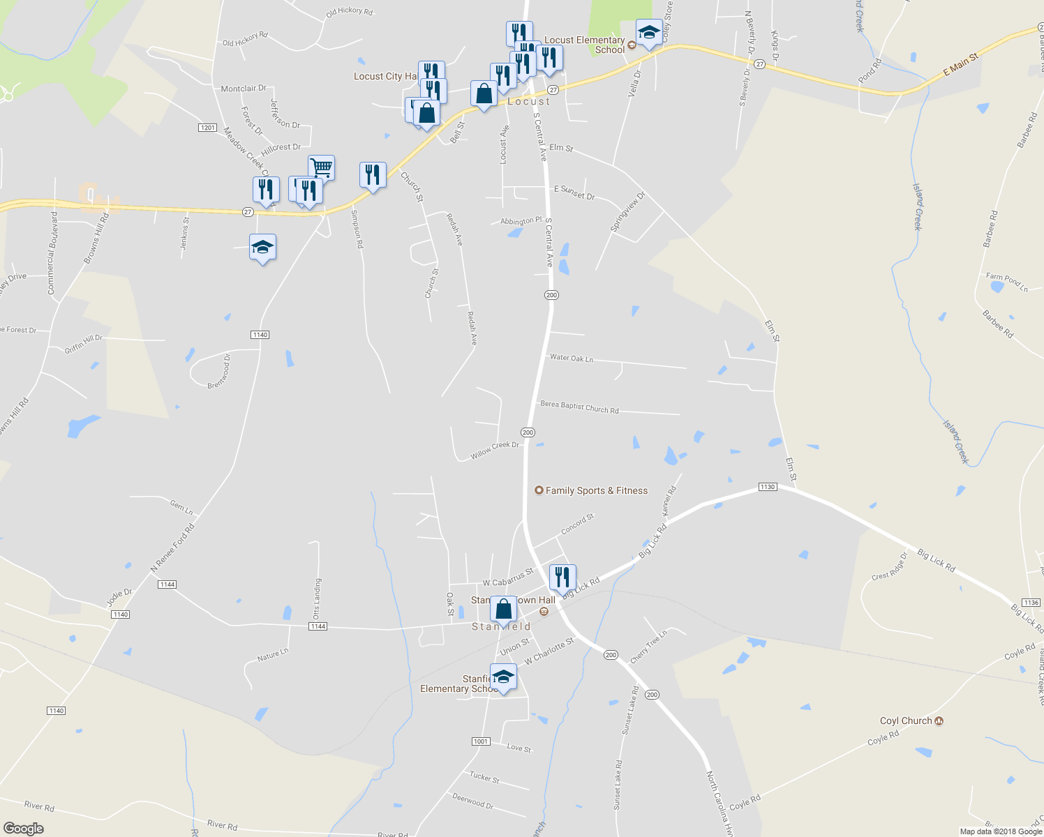 map of restaurants, bars, coffee shops, grocery stores, and more near 407 North Carolina 200 in Stanfield