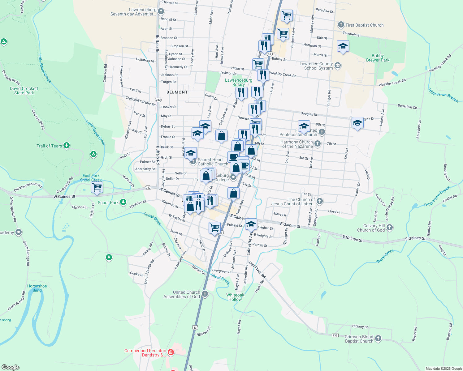 map of restaurants, bars, coffee shops, grocery stores, and more near 220 Depot Street in Lawrenceburg