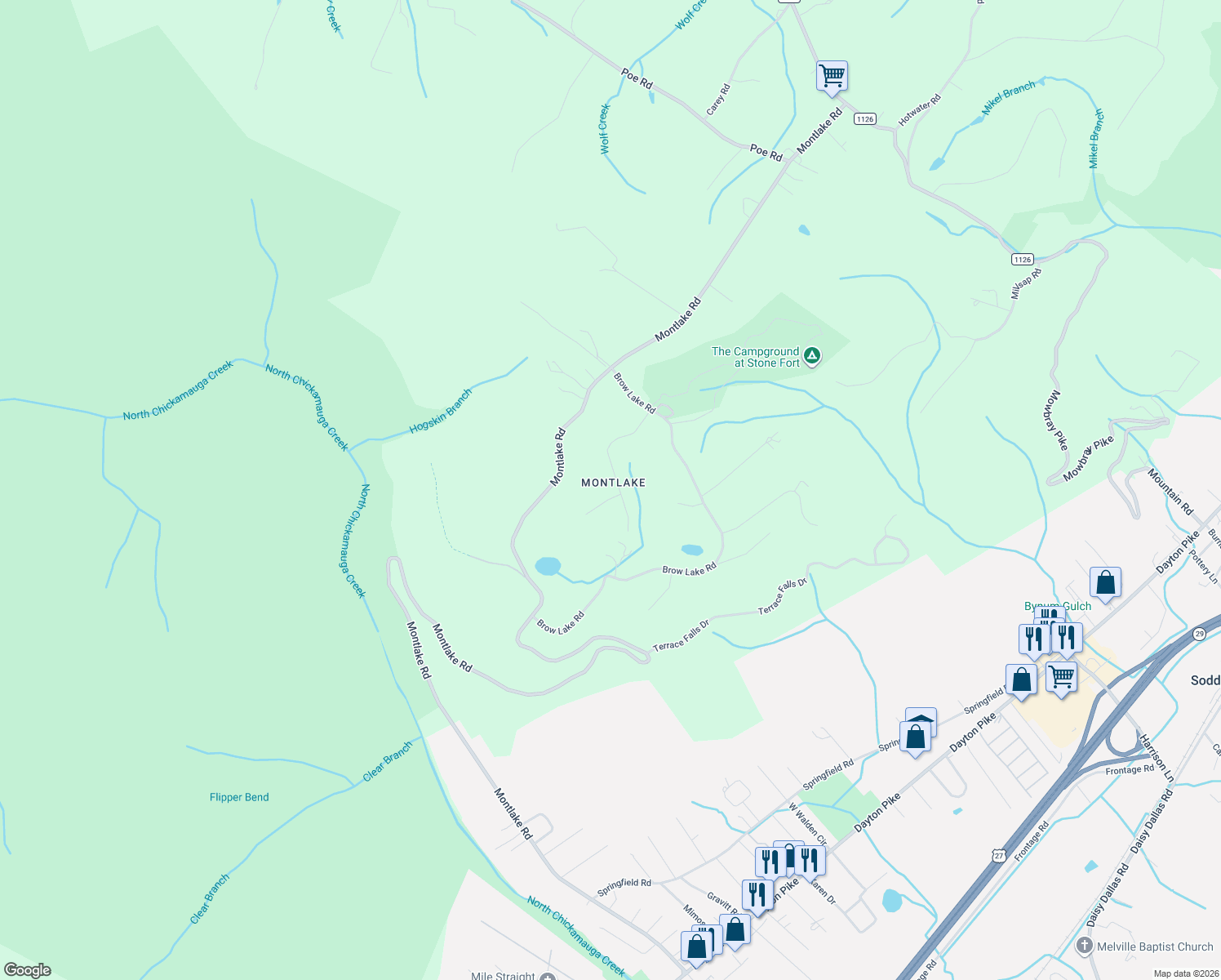 map of restaurants, bars, coffee shops, grocery stores, and more near 1013 Bunker Ridge Trail in Soddy-Daisy