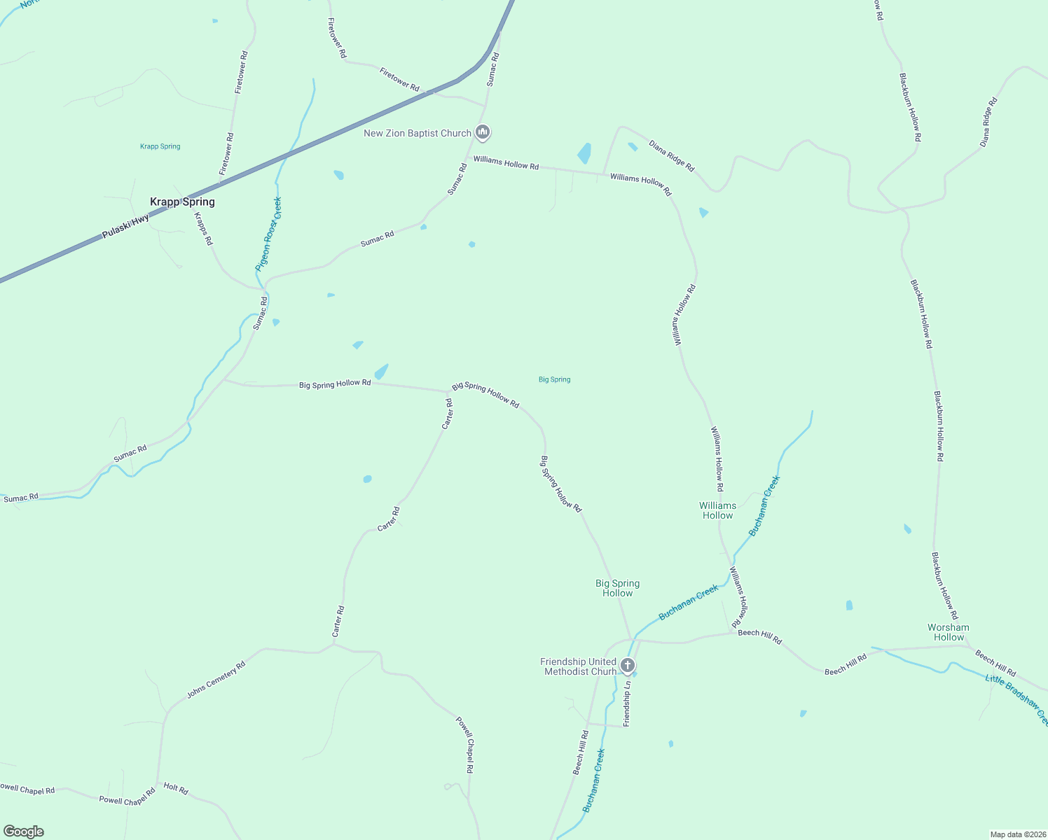 map of restaurants, bars, coffee shops, grocery stores, and more near 440 Big Spring Hollow Road in Pulaski