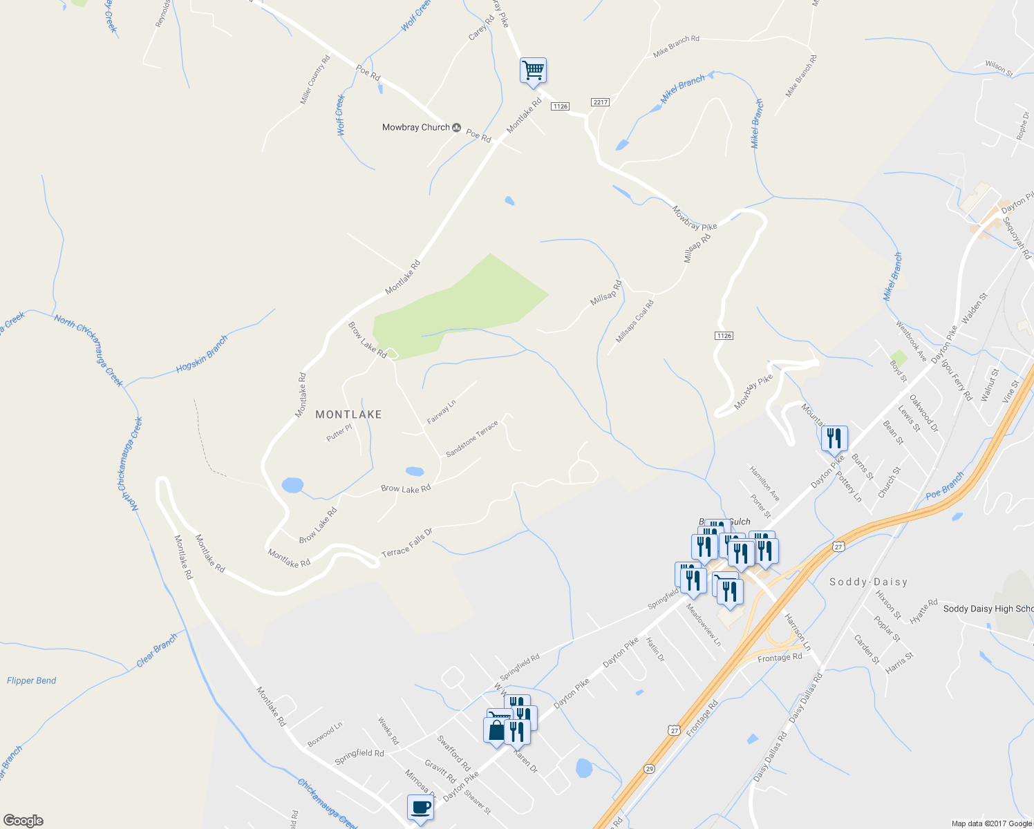 map of restaurants, bars, coffee shops, grocery stores, and more near 9436 Wedge Way in Soddy-Daisy