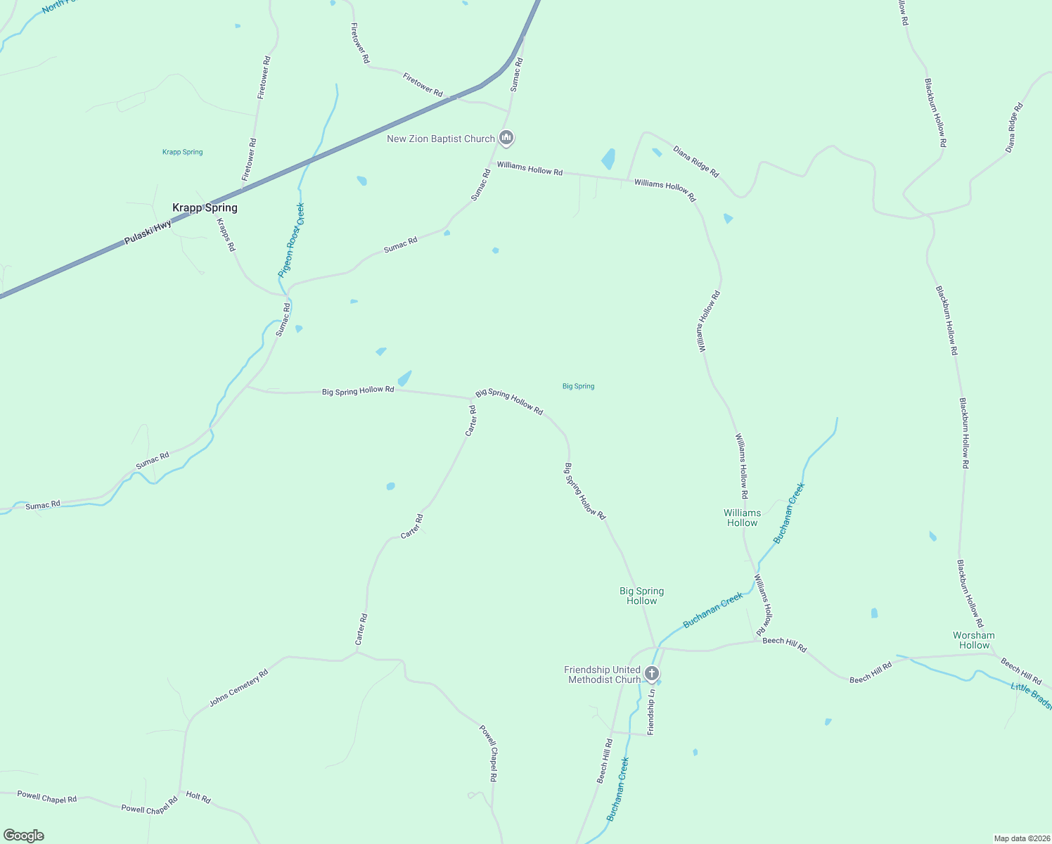 map of restaurants, bars, coffee shops, grocery stores, and more near 440 Big Spring Hollow Road in Pulaski