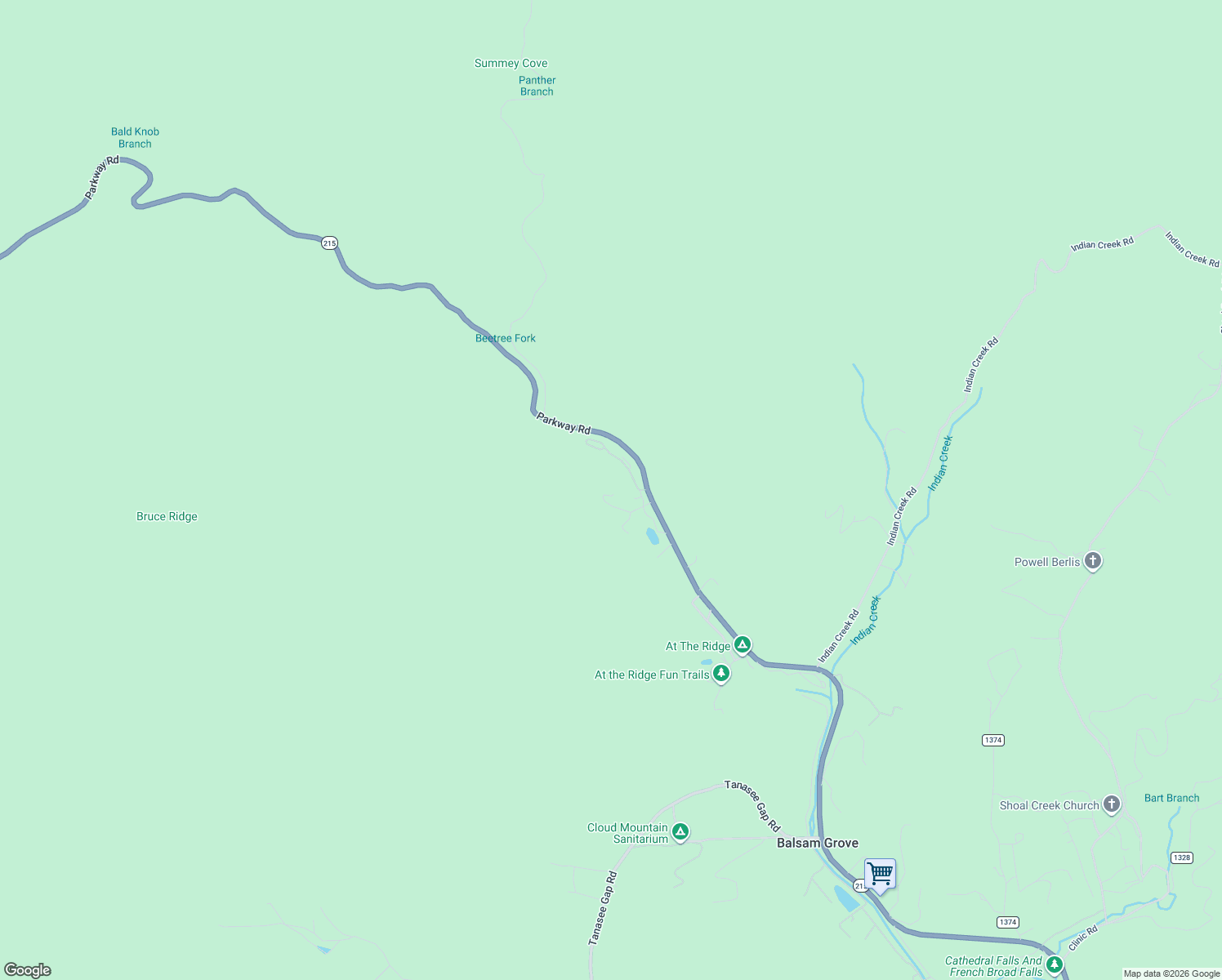 map of restaurants, bars, coffee shops, grocery stores, and more near 82 Trout Haven Lane in Balsam Grove
