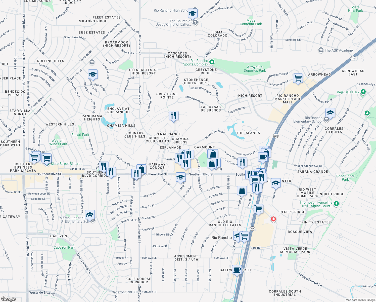 map of restaurants, bars, coffee shops, grocery stores, and more near 705 Pinetree Road Southeast in Rio Rancho