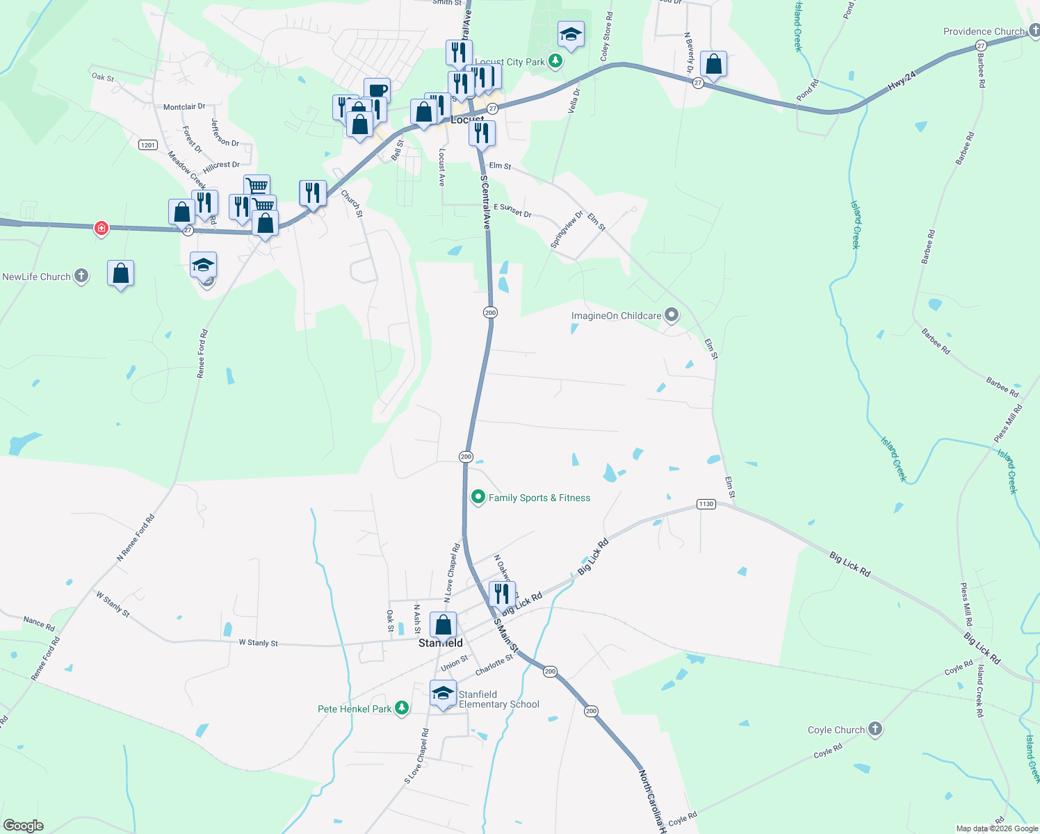 map of restaurants, bars, coffee shops, grocery stores, and more near 103 Berea Baptist Church Road in Stanfield