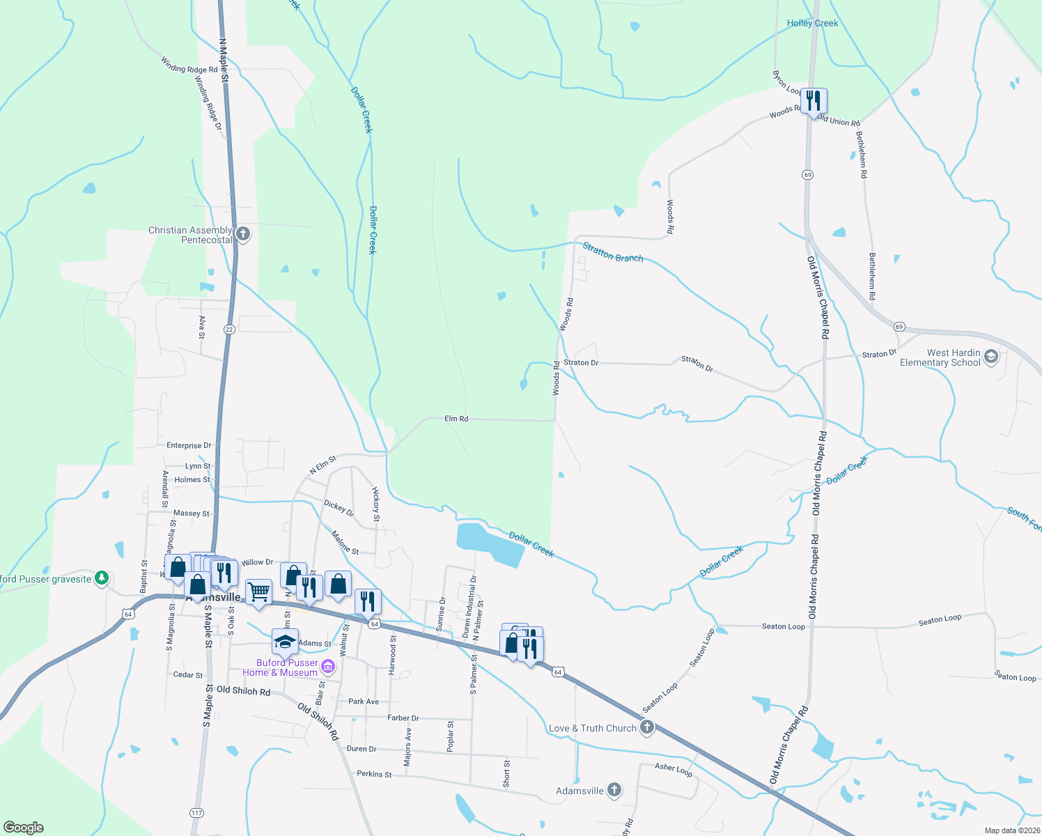 map of restaurants, bars, coffee shops, grocery stores, and more near 1250 Elm Road in Adamsville