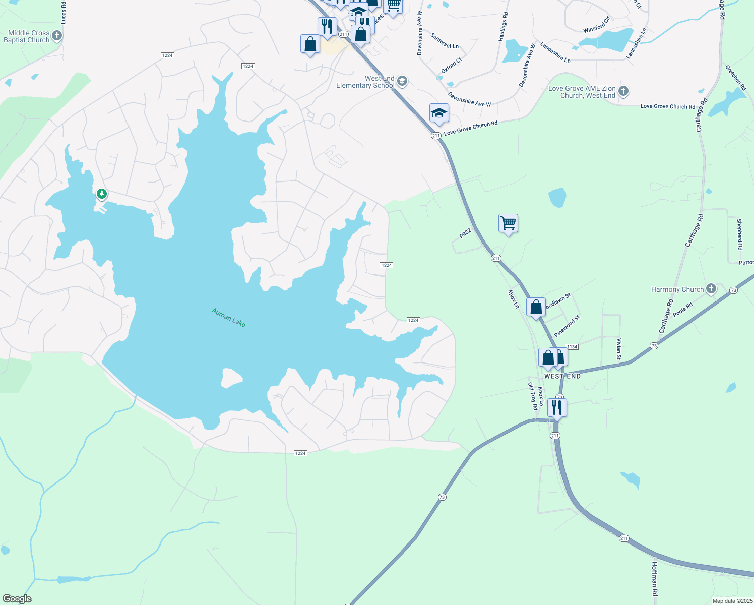 map of restaurants, bars, coffee shops, grocery stores, and more near 101 Glen Cove Lane in Seven Lakes