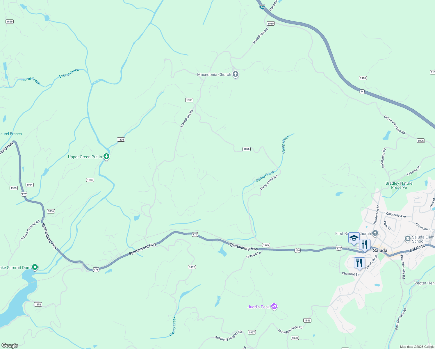 map of restaurants, bars, coffee shops, grocery stores, and more near 853 Big Raven Lane in Saluda