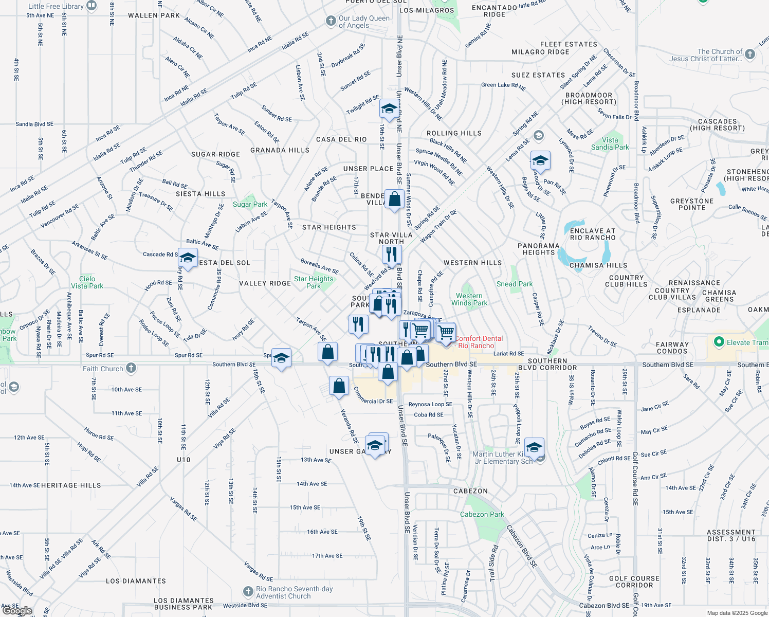 map of restaurants, bars, coffee shops, grocery stores, and more near 1908 Regency Park Road Southeast in Rio Rancho
