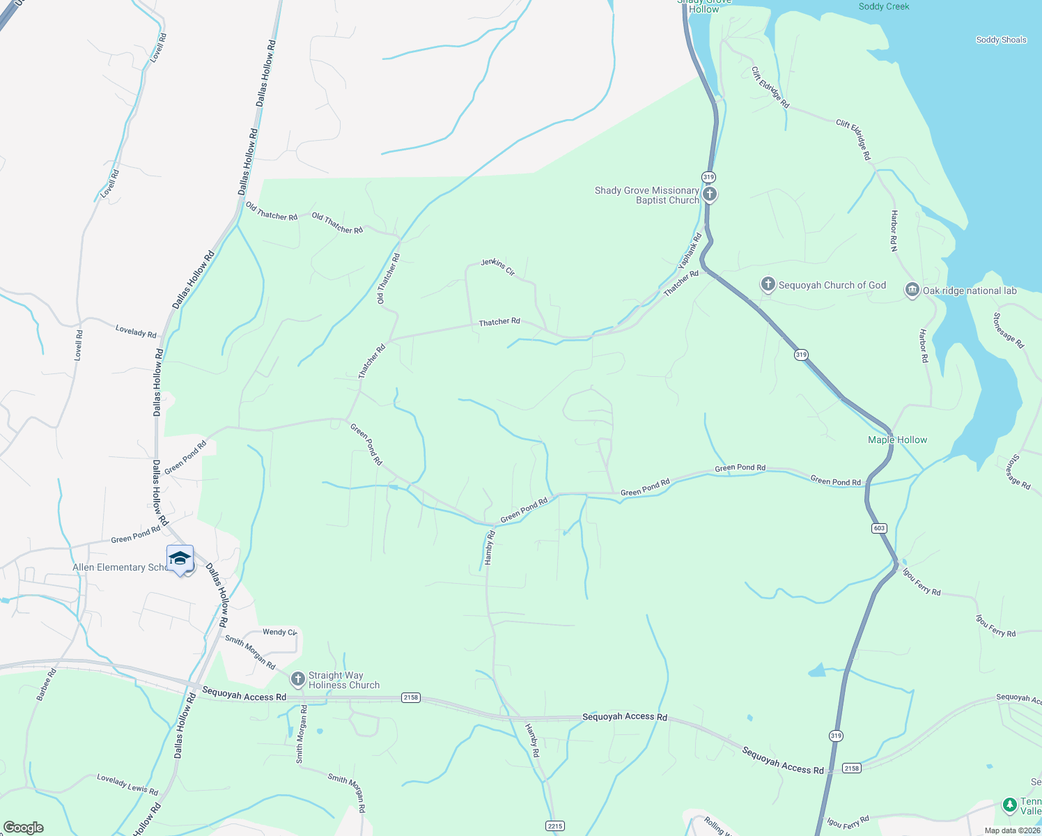 map of restaurants, bars, coffee shops, grocery stores, and more near 10754 Thatcher Crest Dr in Soddy-Daisy