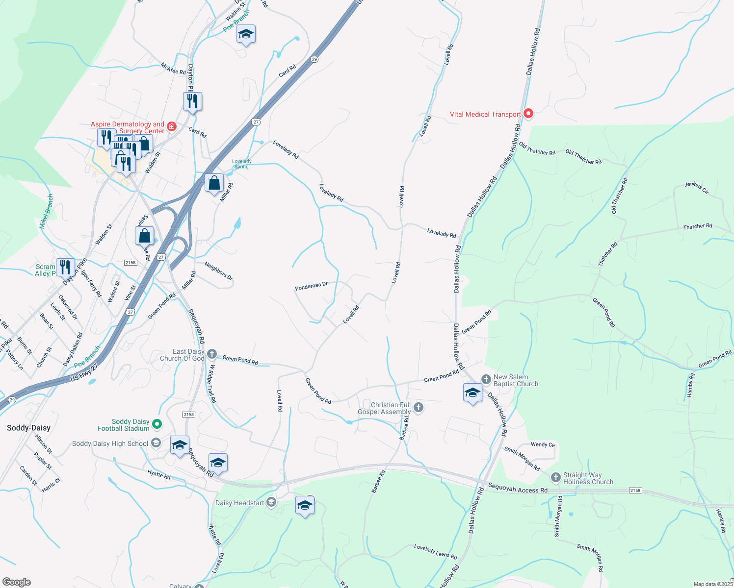 map of restaurants, bars, coffee shops, grocery stores, and more near 10342 Lovell Road in Soddy-Daisy