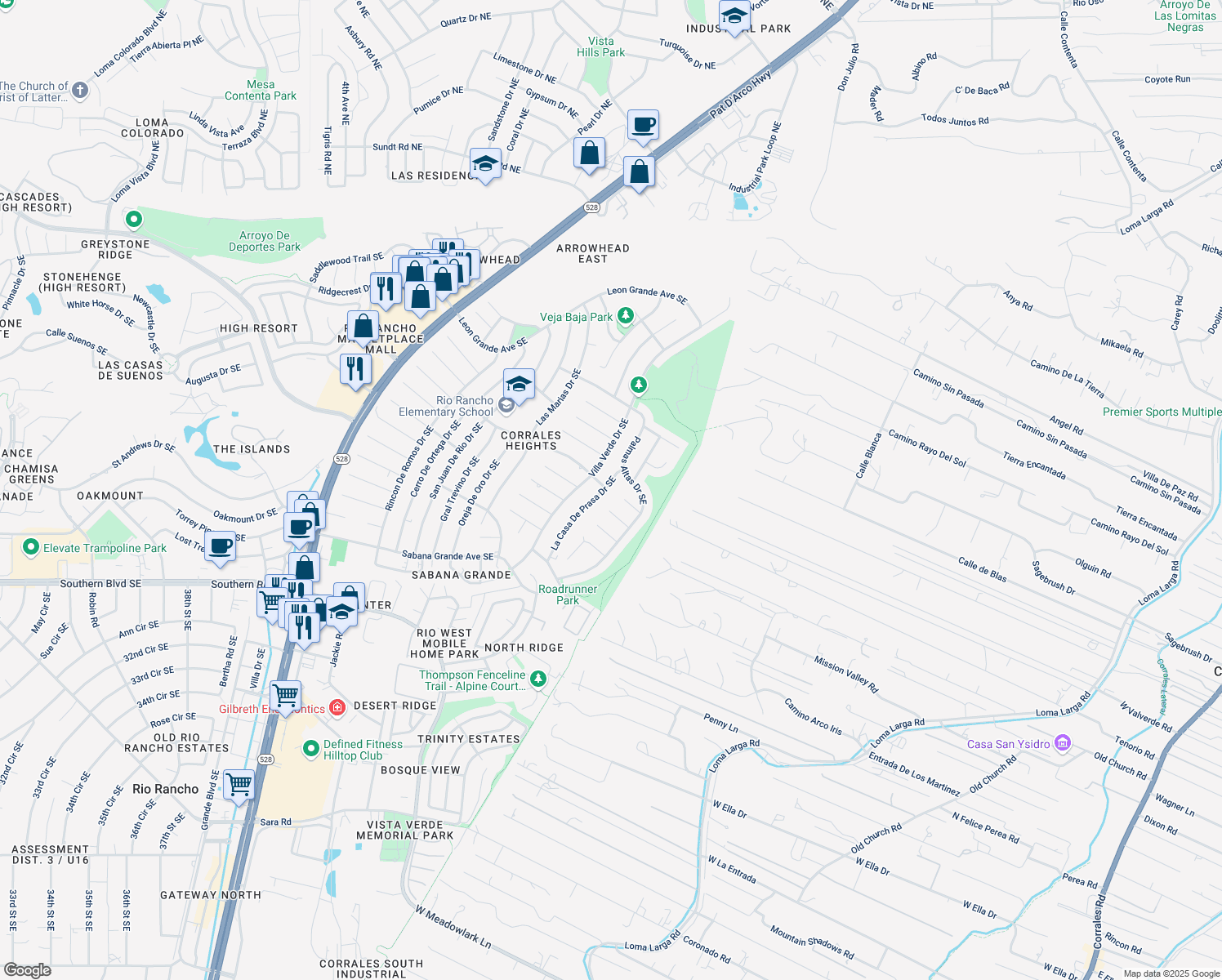 map of restaurants, bars, coffee shops, grocery stores, and more near 614 La Casa De Prasa Drive Southeast in Rio Rancho