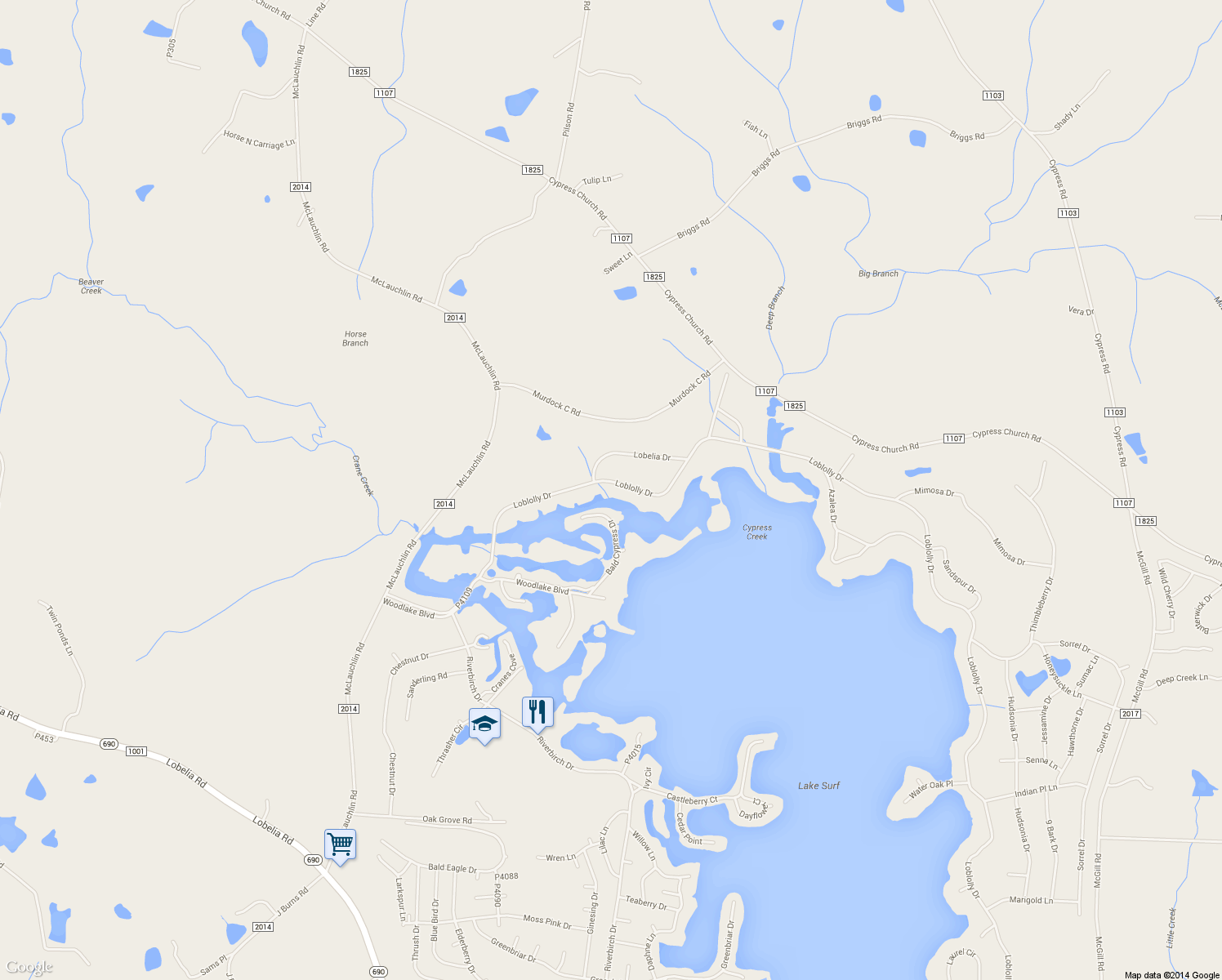map of restaurants, bars, coffee shops, grocery stores, and more near 414 Loblolly Drive in Vass