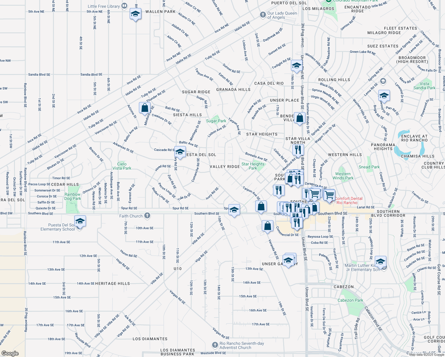 map of restaurants, bars, coffee shops, grocery stores, and more near 1330 Manzanita Court Southeast in Rio Rancho