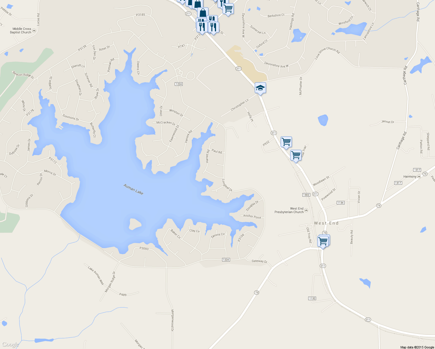 map of restaurants, bars, coffee shops, grocery stores, and more near 104 Glen Cove Lane in West End