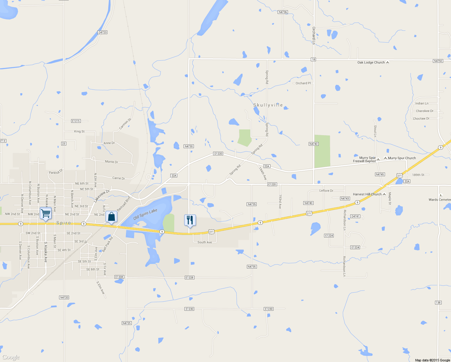 map of restaurants, bars, coffee shops, grocery stores, and more near 18783 Chloe Layne Road in Spiro