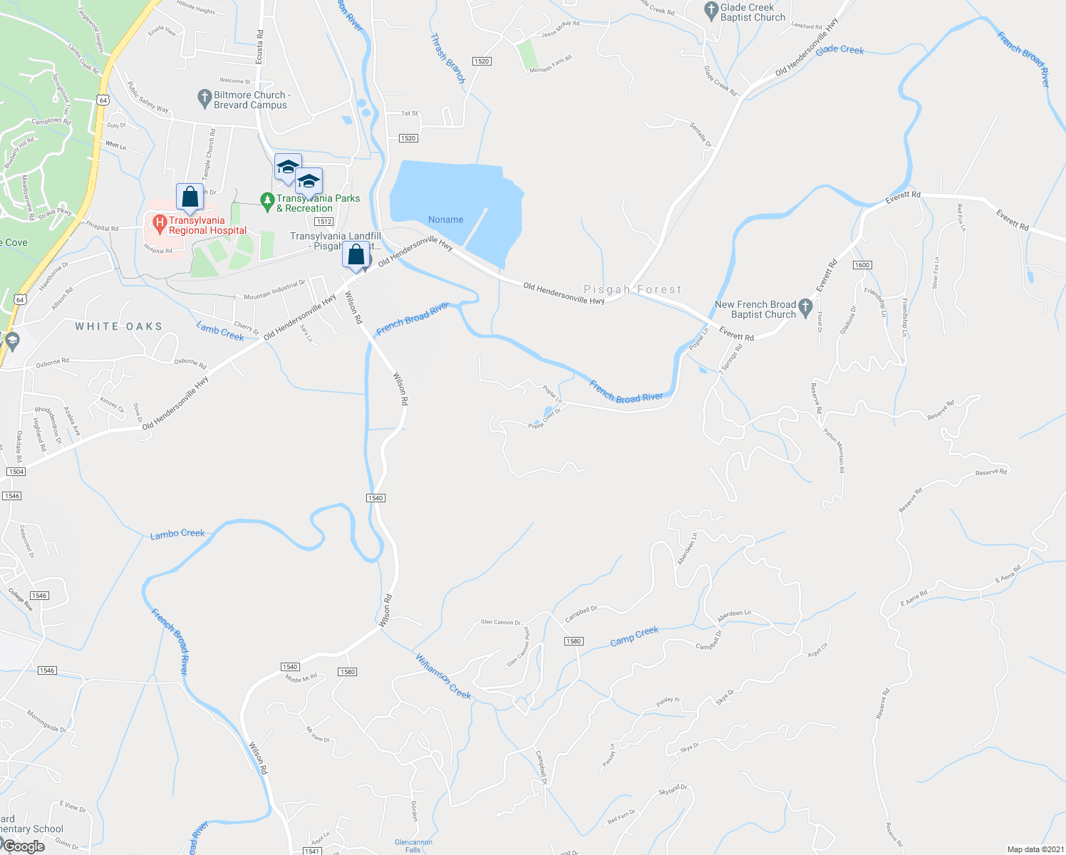 map of restaurants, bars, coffee shops, grocery stores, and more near 141 Poplar Crest Drive in Pisgah Forest