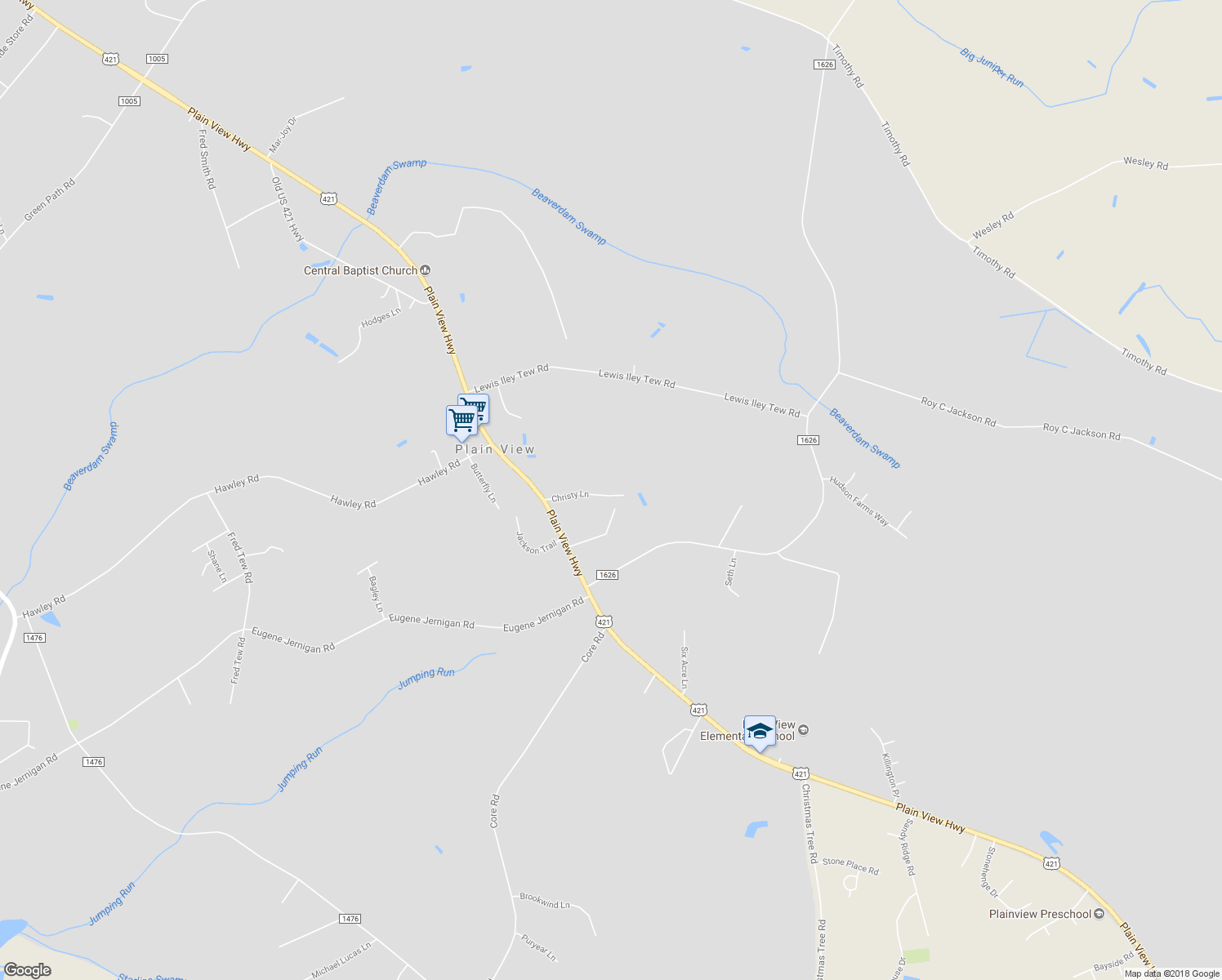 map of restaurants, bars, coffee shops, grocery stores, and more near 189 Christy Lane in Dunn