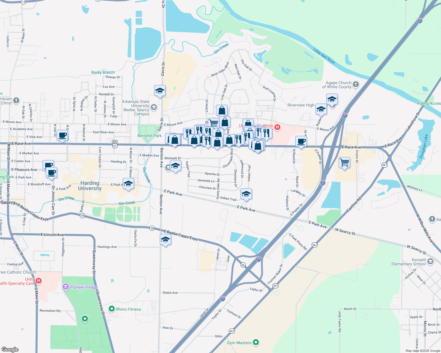 map of restaurants, bars, coffee shops, grocery stores, and more near 11 Apache Drive in Searcy