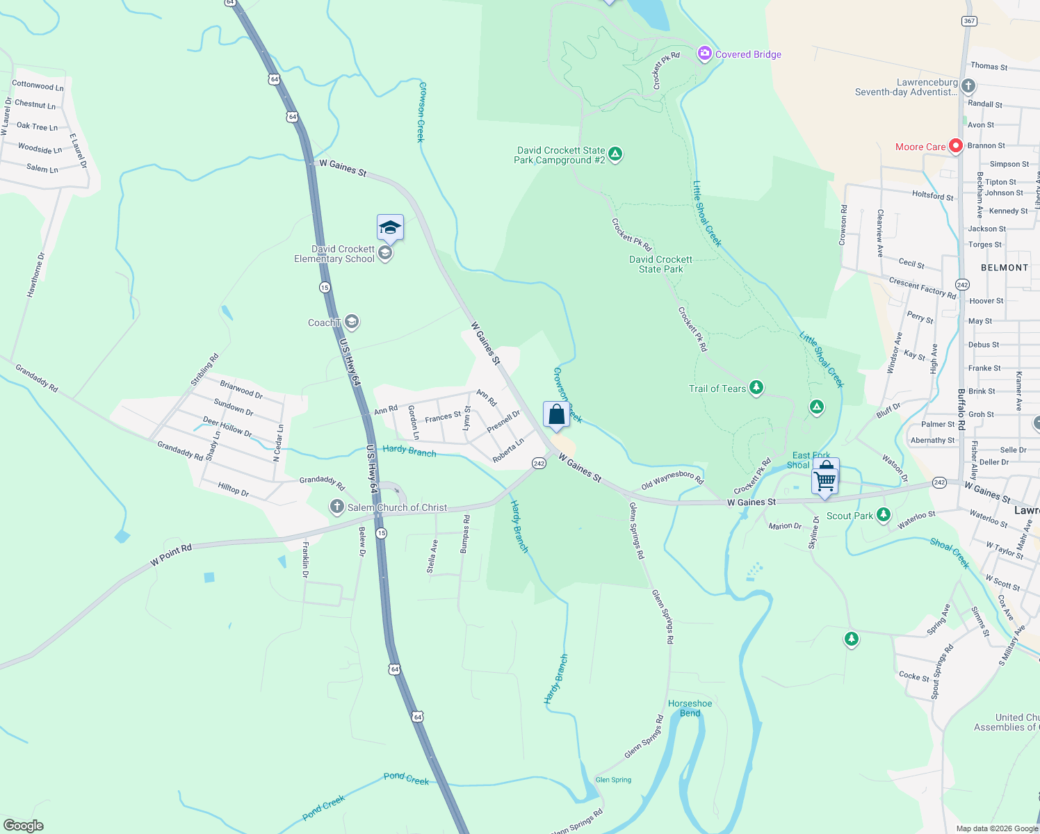 map of restaurants, bars, coffee shops, grocery stores, and more near 1504 Ray Street in Lawrenceburg