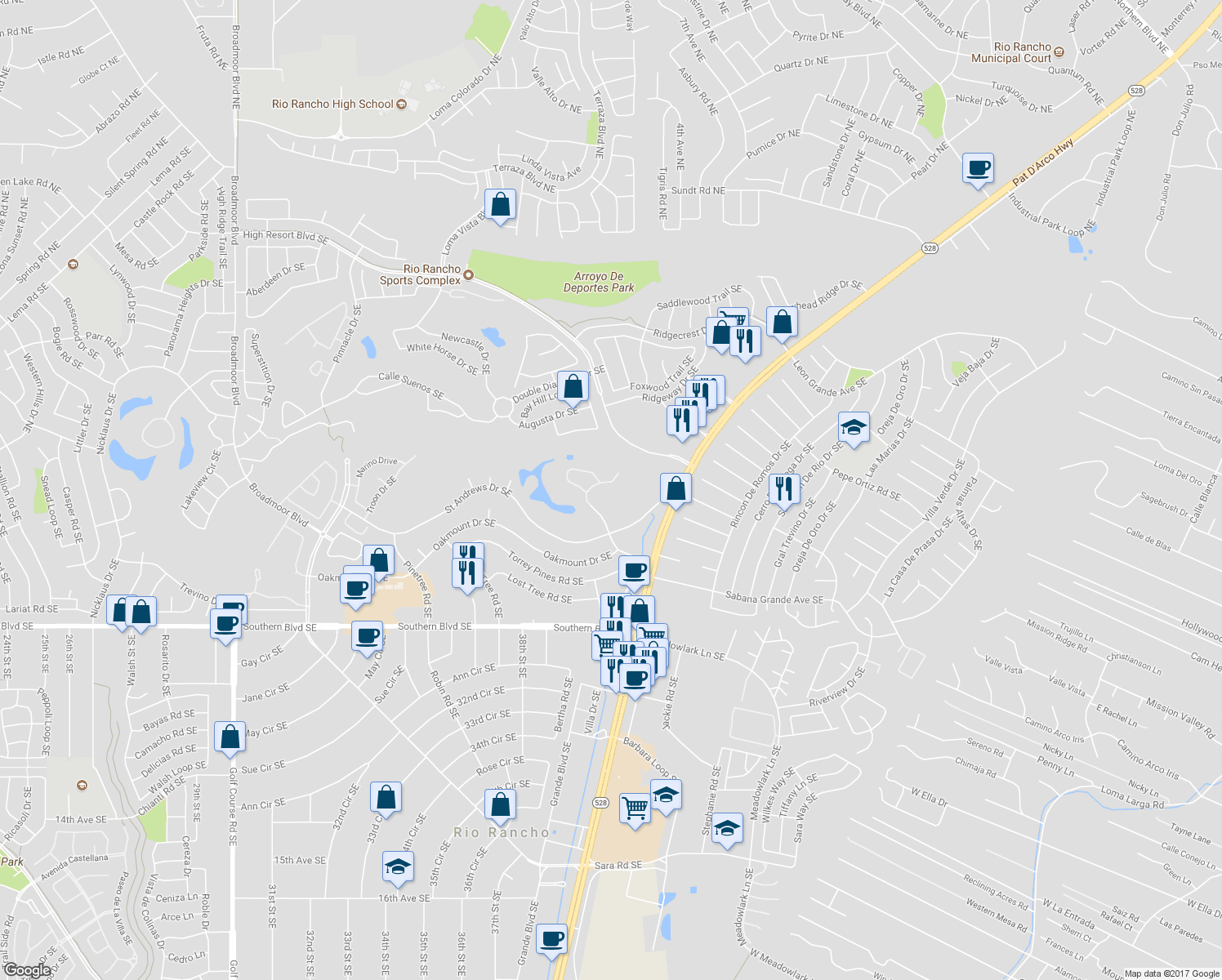 map of restaurants, bars, coffee shops, grocery stores, and more near 528 Eastlake Dr SE in Rio Rancho