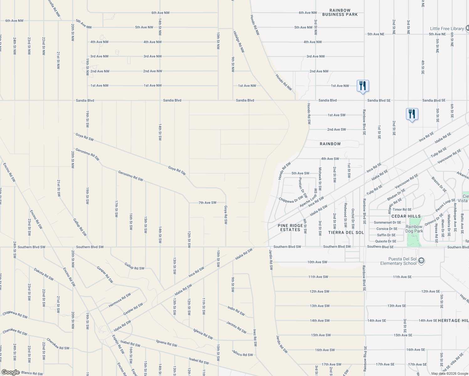 map of restaurants, bars, coffee shops, grocery stores, and more near 6th Ave SW in Rio Rancho