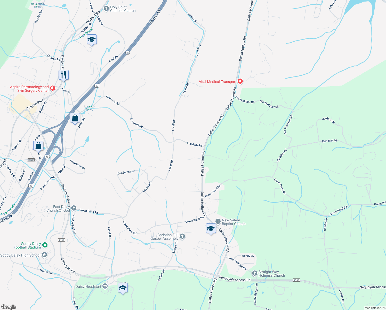 map of restaurants, bars, coffee shops, grocery stores, and more near 910 Clay Hill Dr in Soddy-Daisy