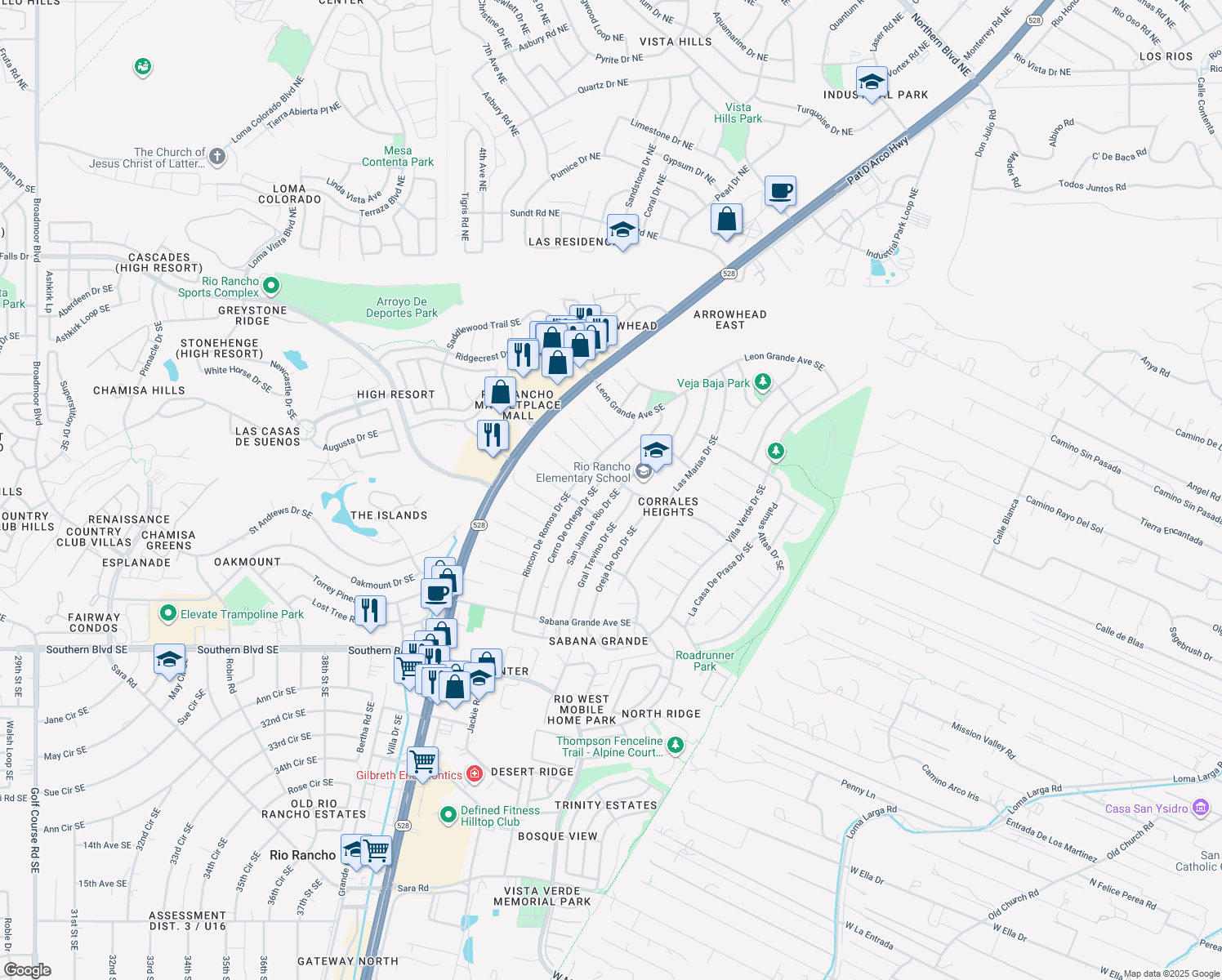 map of restaurants, bars, coffee shops, grocery stores, and more near 503 San Juan De Rio Drive Southeast in Rio Rancho