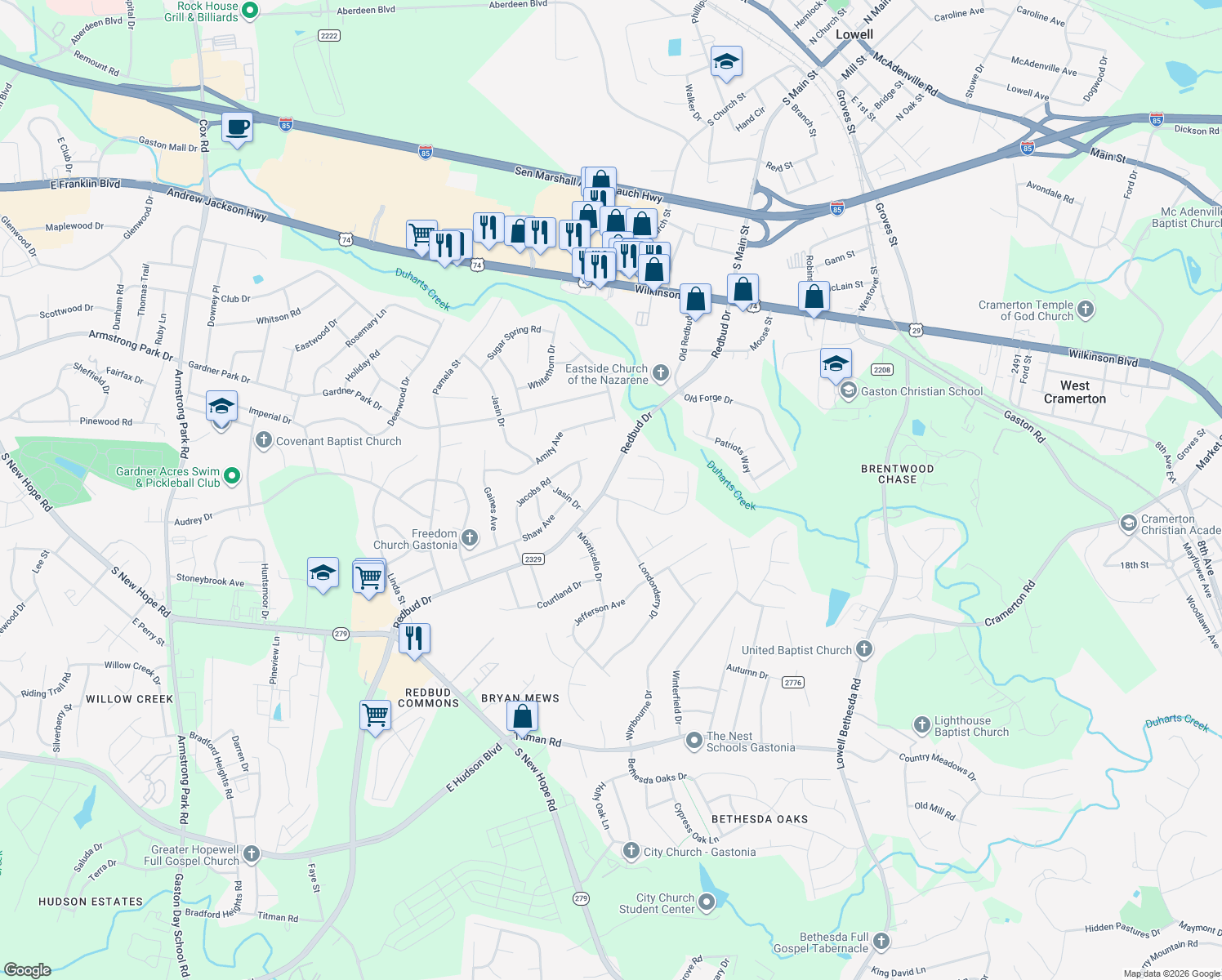 map of restaurants, bars, coffee shops, grocery stores, and more near 2600 Independence Way in Gastonia