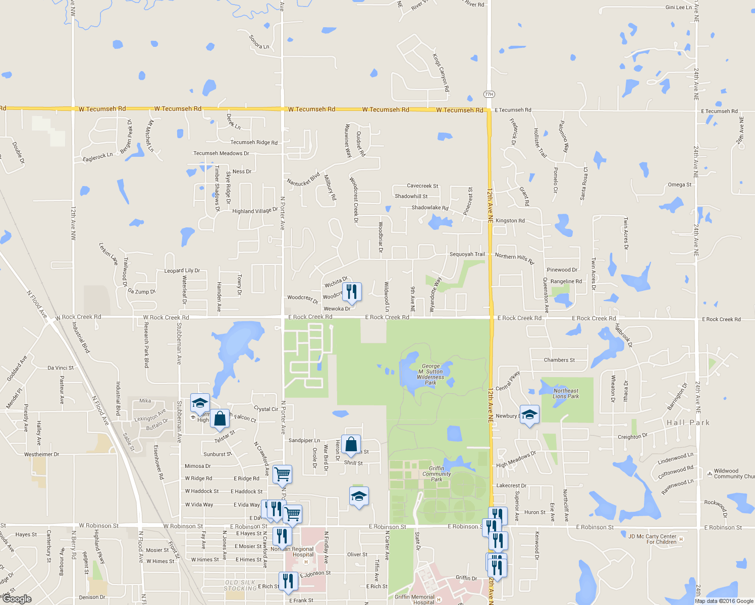 map of restaurants, bars, coffee shops, grocery stores, and more near 2410 Wildwood Lane in Norman