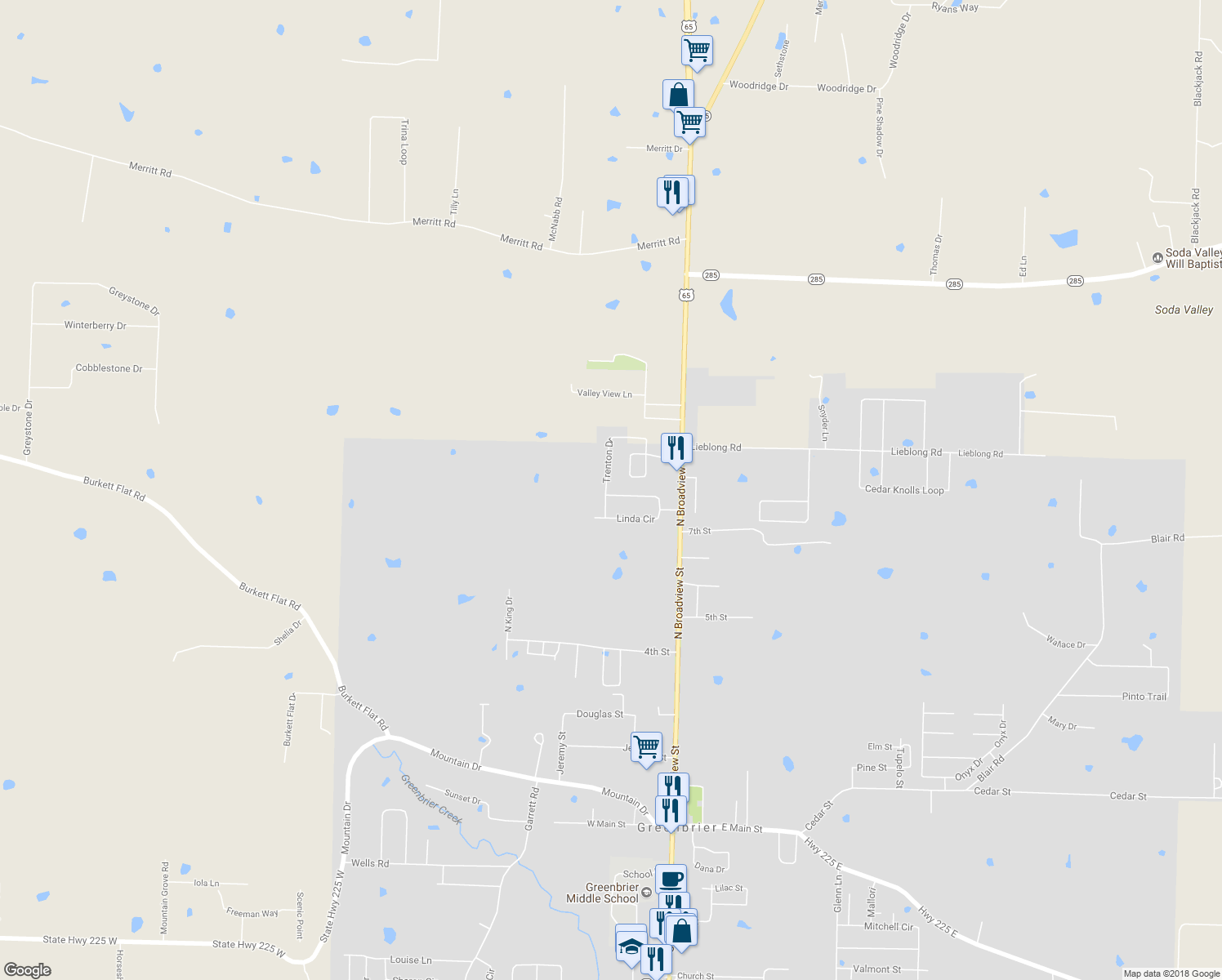 map of restaurants, bars, coffee shops, grocery stores, and more near 10 Trenton Drive in Greenbrier