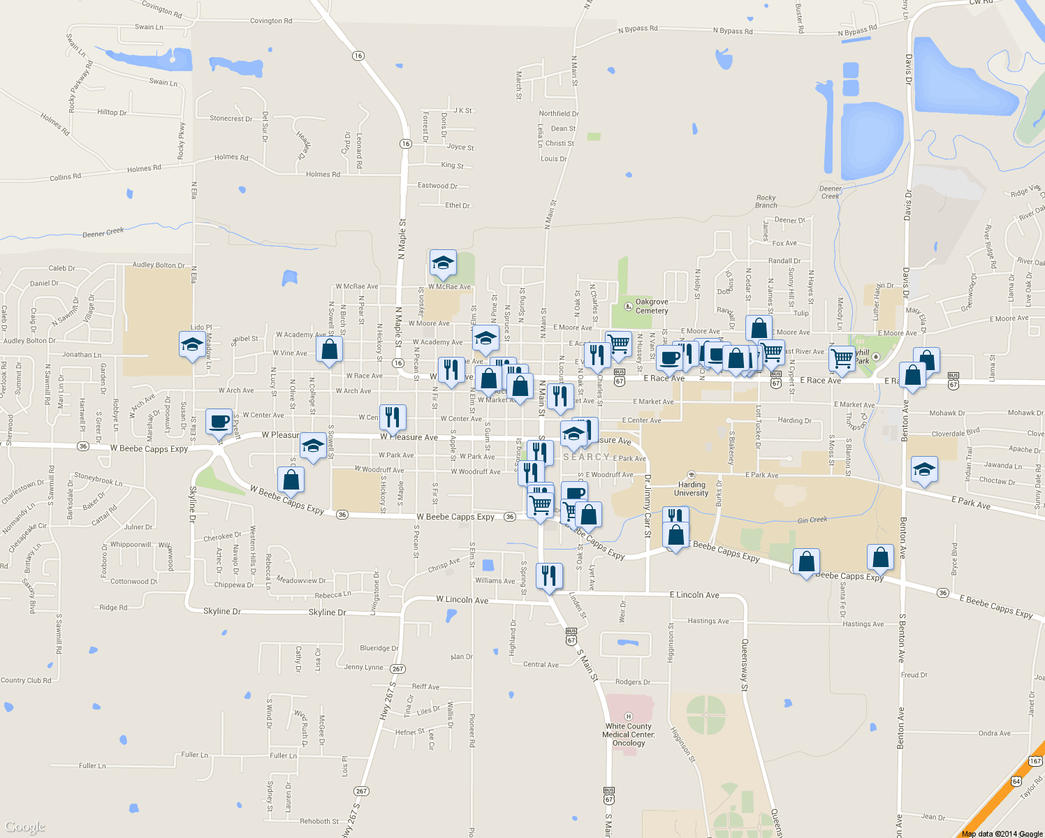 map of restaurants, bars, coffee shops, grocery stores, and more near W Center Ave & N Spring St in Searcy