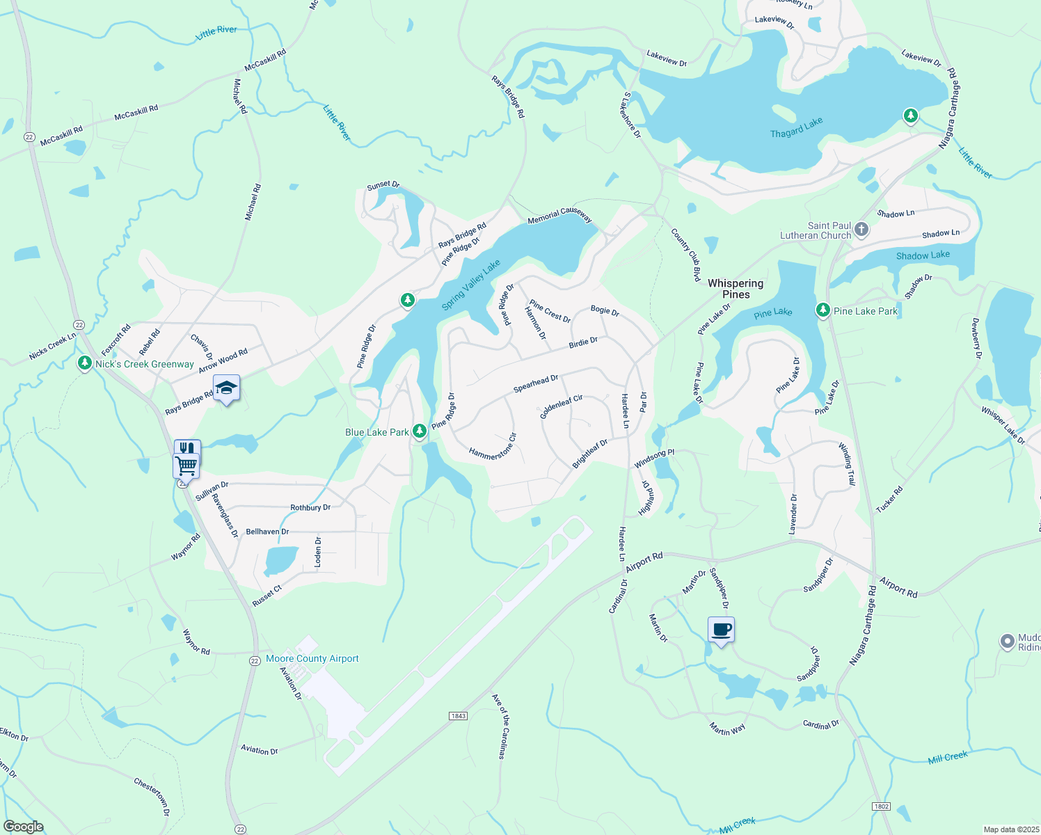 map of restaurants, bars, coffee shops, grocery stores, and more near 105 Hammerstone Cir in Whispering Pines
