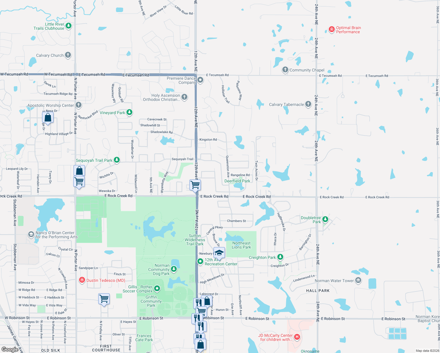 map of restaurants, bars, coffee shops, grocery stores, and more near 2604 Northern Hills Rd in Norman