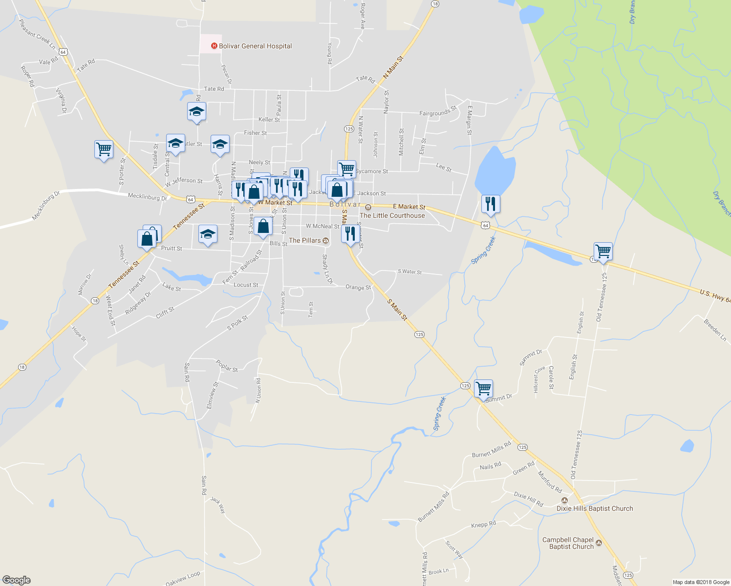 map of restaurants, bars, coffee shops, grocery stores, and more near 107 Orange St in Bolivar