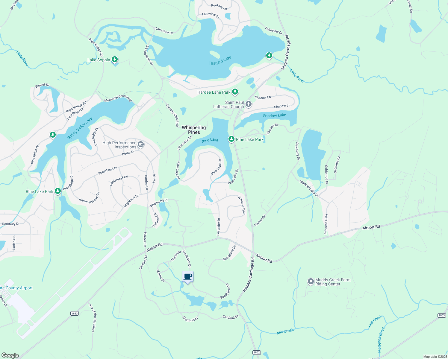 map of restaurants, bars, coffee shops, grocery stores, and more near 20 Pine Lake Dr in Whispering Pines