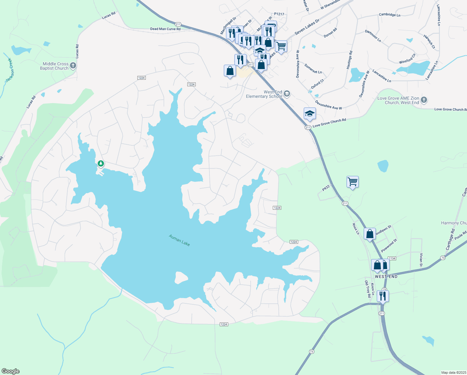 map of restaurants, bars, coffee shops, grocery stores, and more near 128 Vanore Road in Seven Lakes