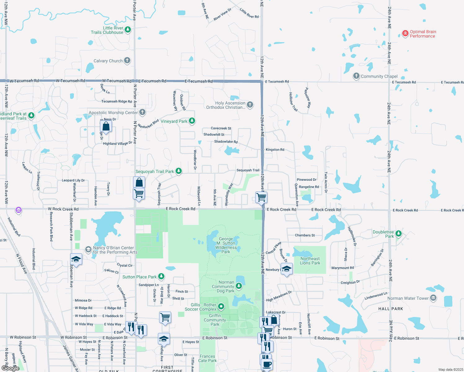 map of restaurants, bars, coffee shops, grocery stores, and more near 1000 Quanah Parker Trail in Norman
