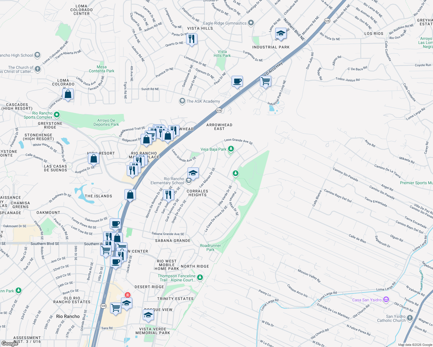 map of restaurants, bars, coffee shops, grocery stores, and more near 4702 Palmas Altas Drive Southeast in Rio Rancho