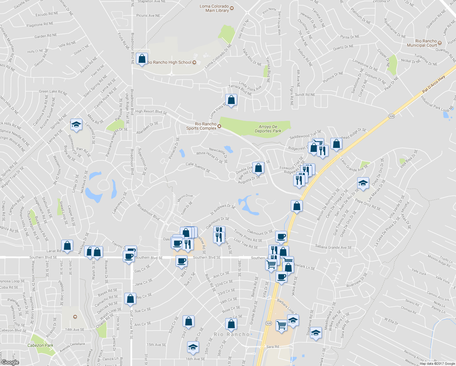 map of restaurants, bars, coffee shops, grocery stores, and more near 3592 Calle Suenos Southeast in Rio Rancho