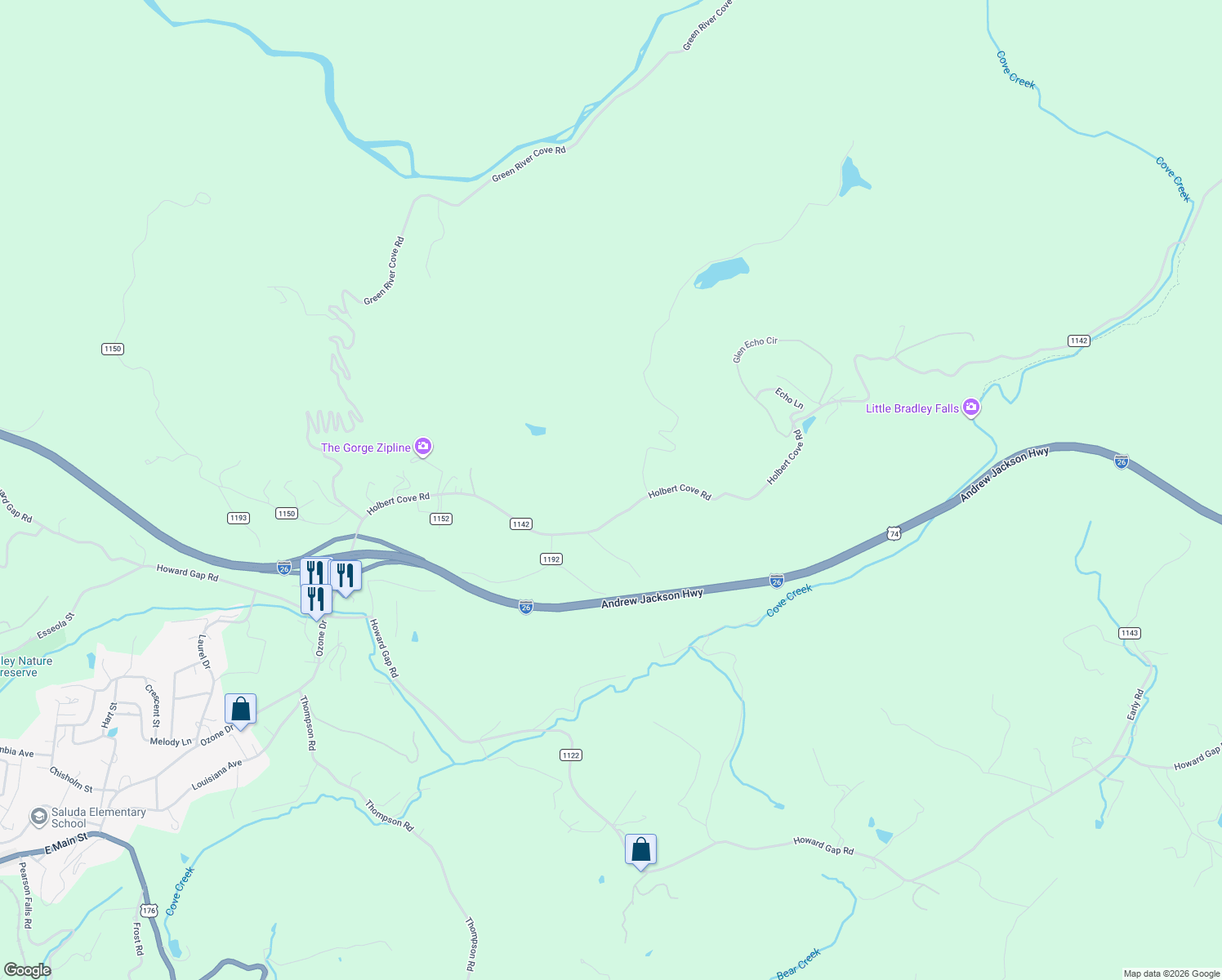 map of restaurants, bars, coffee shops, grocery stores, and more near 2665 Holbert Cove Road in Saluda