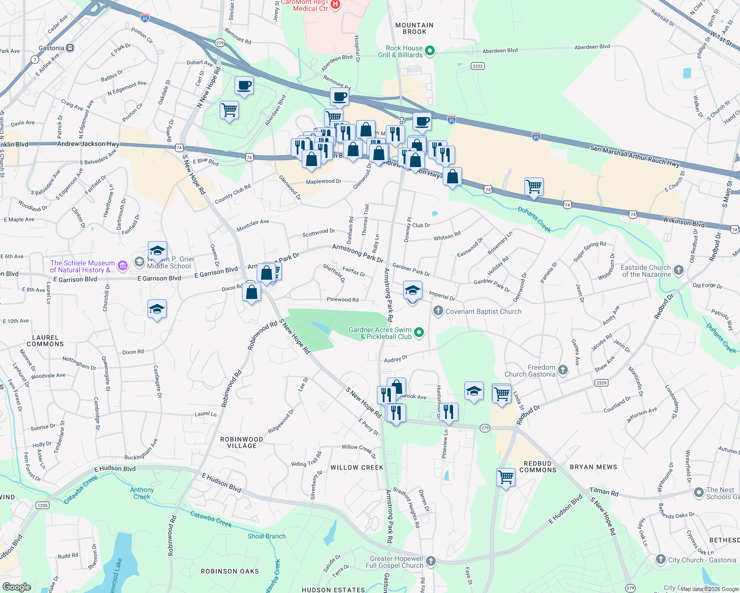 map of restaurants, bars, coffee shops, grocery stores, and more near 832 Avondale Road in Gastonia