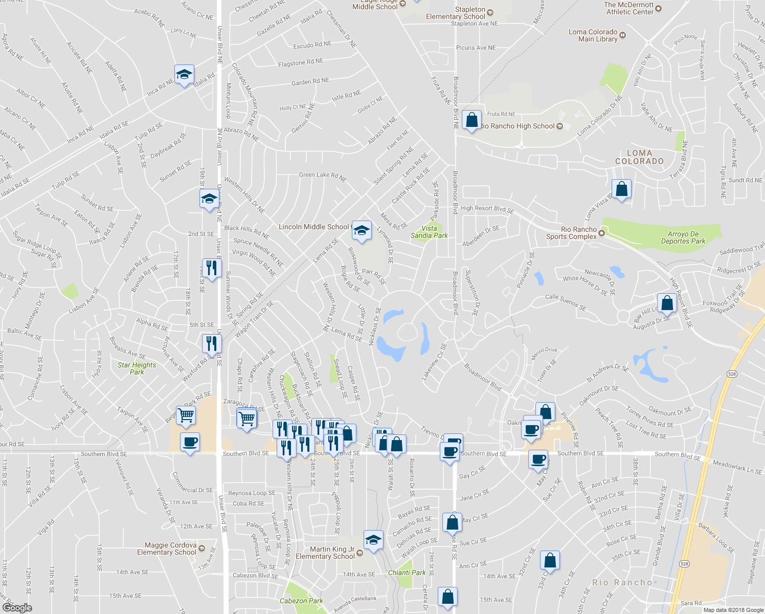 map of restaurants, bars, coffee shops, grocery stores, and more near 382 Nicklaus Drive Southeast in Rio Rancho